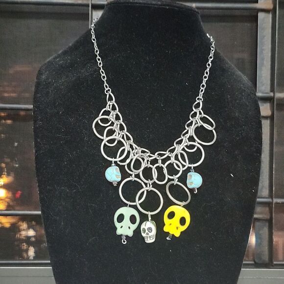 Repurposed Fiesta of Skulls metal hoop statement necklace with clasp enclosure - Picture 1 of 5
